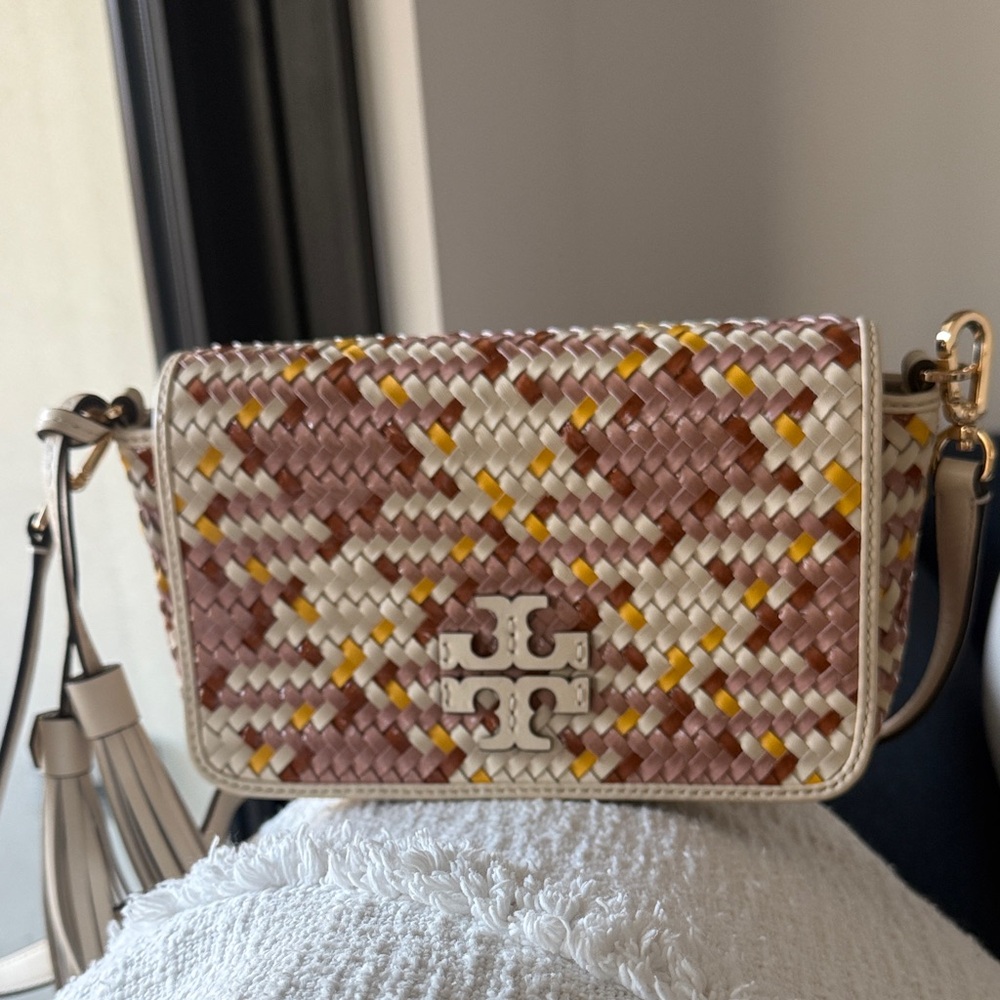 Tory Burch multicolor Pink, Cream, and Yellow Woven Crossbody Bag